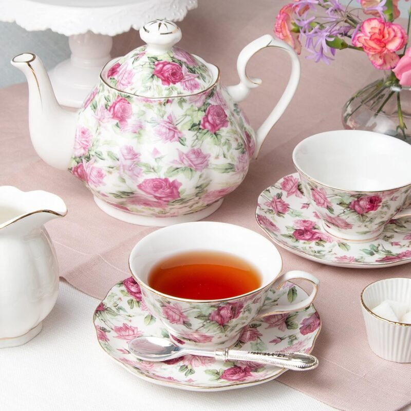 Gracie China by Coastline Imports Porcelain Pink Summer Chintz 5-Piece Tea Set, 7 fl oz - Image 2