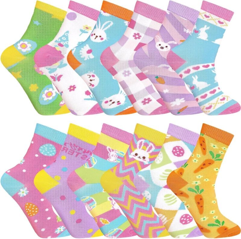 12 Pairs Easter Socks Women Easter Bunny Crew Socks Novelty Rabbit Carrot Egg Pattern Socks Holiday Socks for Easter Party Gift