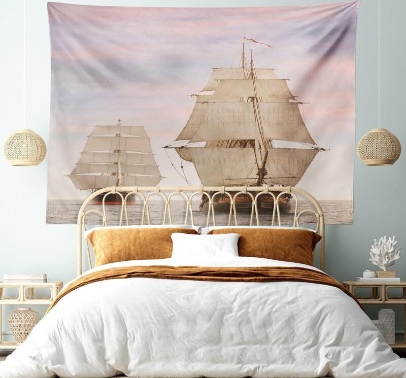 Ambesonne Ocean Tapestry, Sailboat Gaff Top Sail Tall Wooden Sailing Ships Waves Print Photo, Wide Wall Hanging for Bedroom Living Room Dorm, 60" X 40", Cream and Blue Grey - Image 5