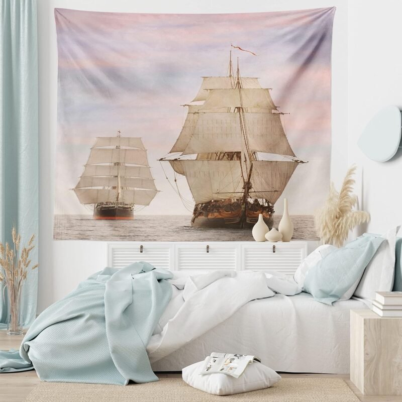 Ambesonne Ocean Tapestry, Sailboat Gaff Top Sail Tall Wooden Sailing Ships Waves Print Photo, Wide Wall Hanging for Bedroom Living Room Dorm, 60" X 40", Cream and Blue Grey - Image 6