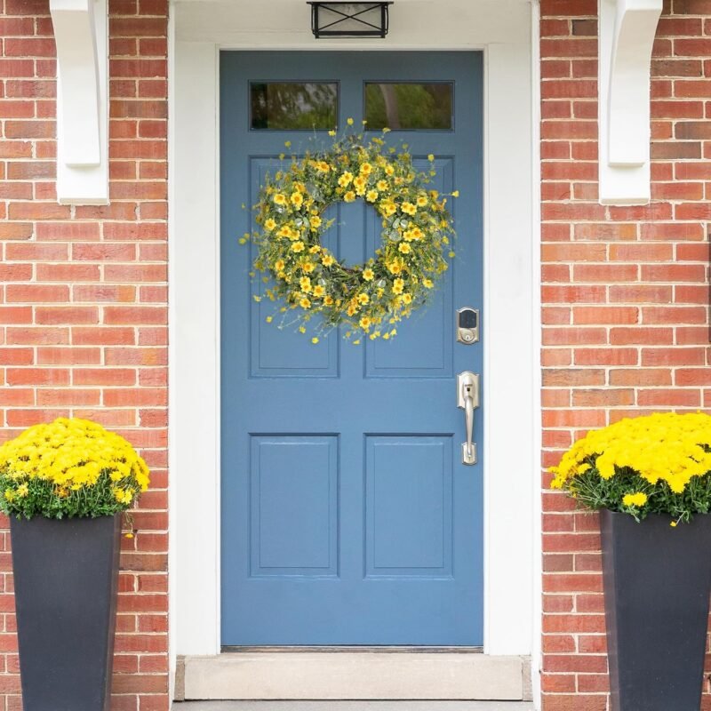 Sggvecsy Yellow Daisy Wreath 24 Inch Spring Summer Wreath Fake Silk Floral Wreath with Green Eucalyptus Leaves and Lavender for Front Door Window Wall Wedding Farmhouse Festival Decor - Image 5