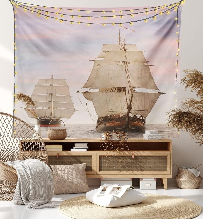 Ambesonne Ocean Tapestry, Sailboat Gaff Top Sail Tall Wooden Sailing Ships Waves Print Photo, Wide Wall Hanging for Bedroom Living Room Dorm, 60" X 40", Cream and Blue Grey