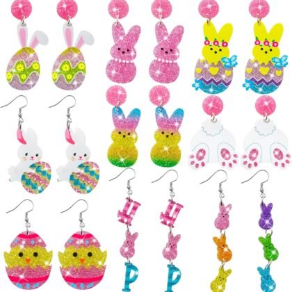 Y1tvei Easter Earrings for Women - 9Pairs Cute Bunny Easter Egg Shaped Sparkly Glitter Drop Dangle Earring Variety Pack Lightweight Cartoon Ear Decoration Holiday Jewelry Funny Easter Accessories Gift