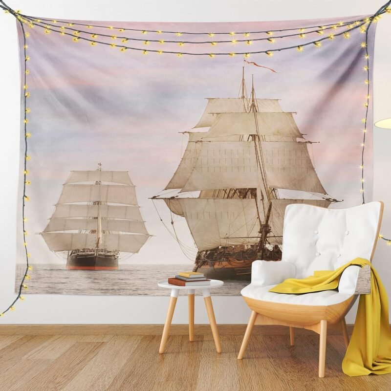 Ambesonne Ocean Tapestry, Sailboat Gaff Top Sail Tall Wooden Sailing Ships Waves Print Photo, Wide Wall Hanging for Bedroom Living Room Dorm, 60" X 40", Cream and Blue Grey - Image 9