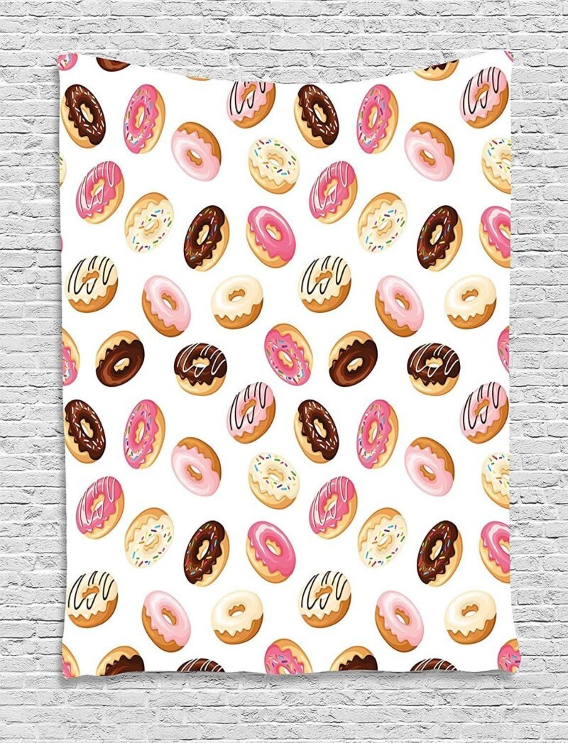 Ambesonne Food Tapestry, American Traditional Classic Breakfast Fast Food Dessert Tasty Donuts Art Print, Wall Hanging for Bedroom Living Room Dorm Decor, 40" X 60", Coral Cream