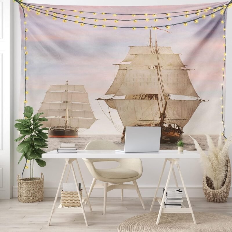 Ambesonne Ocean Tapestry, Sailboat Gaff Top Sail Tall Wooden Sailing Ships Waves Print Photo, Wide Wall Hanging for Bedroom Living Room Dorm, 60" X 40", Cream and Blue Grey - Image 7