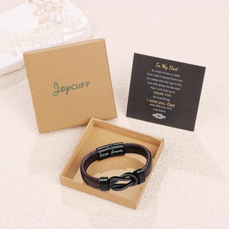 Gift for Men Infinity Bracelet for Men Dad Husband Boyfriend Son Grandson Brother Nephew Uncle Brown Braided Leather Forever Linked Together Stainless Steel Engraved with Love You Forever Jewelry 7.5|8.5|9 Inches - Image 6