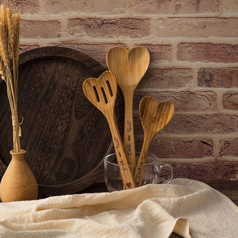 3 Pcs Valentine's Day Bamboo Heart Spoons Heart Shaped Spoons Kitchenware Engraved Heart Shaped Bamboo Wooden Spoons for Kitchen Gifts Serving Stirring Baking Mom Wife Weddings Kitchen Hostess - Image 6