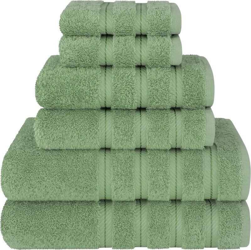American Soft Linen Luxury 6 Piece Towel Set, 2 Bath Towels 2 Hand Towels 2 Washcloths, 100% Cotton Turkish Towels for Bathroom, Sage Green Towel Sets