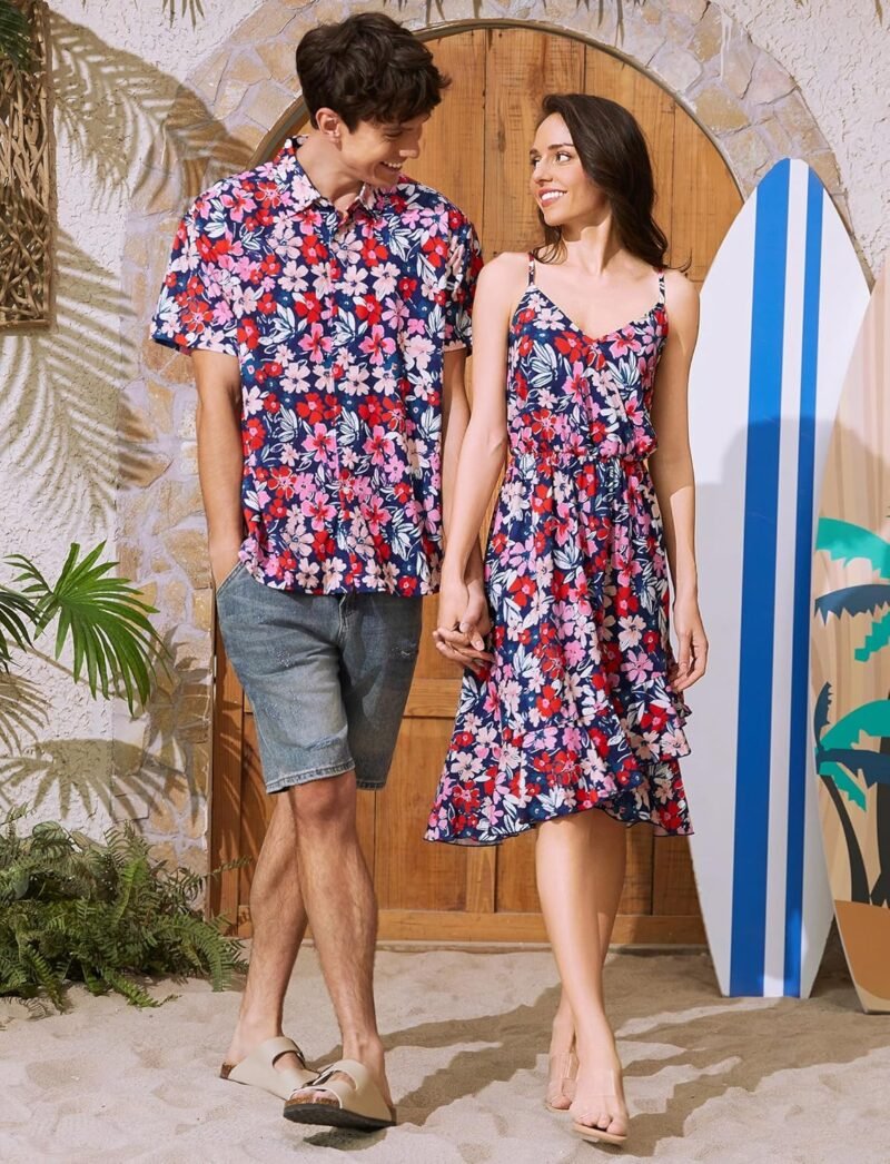 PATPAT Matching Hawaiian Outfits for Couples Beach Vacation Tropical Print Women Spaghetti Strap Dress, Men Cruise Shirt - Image 2