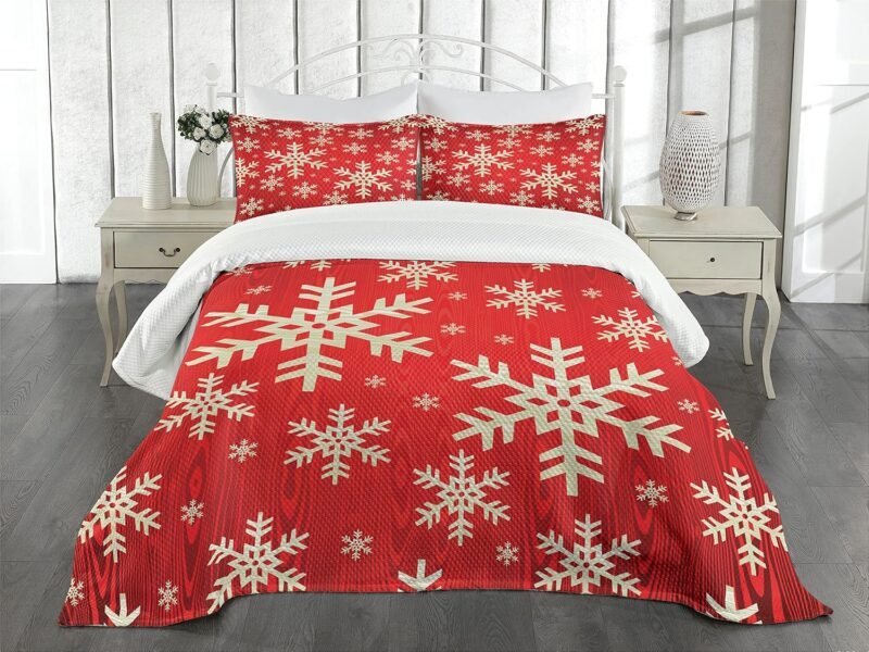 Lunarable Snowflake Bedspread, Christmas Winter Illustration Abstract Wooden Pattern Background, Decorative Quilted 3 Piece Coverlet Set with 2 Pillow Shams, Queen Size, Vermilion Cream - Image 2