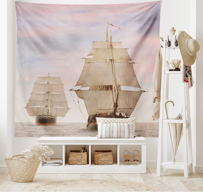 Ambesonne Ocean Tapestry, Sailboat Gaff Top Sail Tall Wooden Sailing Ships Waves Print Photo, Wide Wall Hanging for Bedroom Living Room Dorm, 60" X 40", Cream and Blue Grey - Image 2