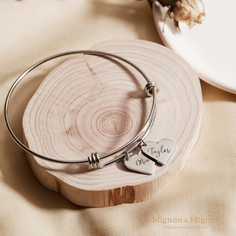 Personalized Name Bracelets for Women Handmade Heart Charm Custom Engraved Name Bangle Unique Valentines Gift for Her Grandma Bracelets for women – ABR-MH - Image 2