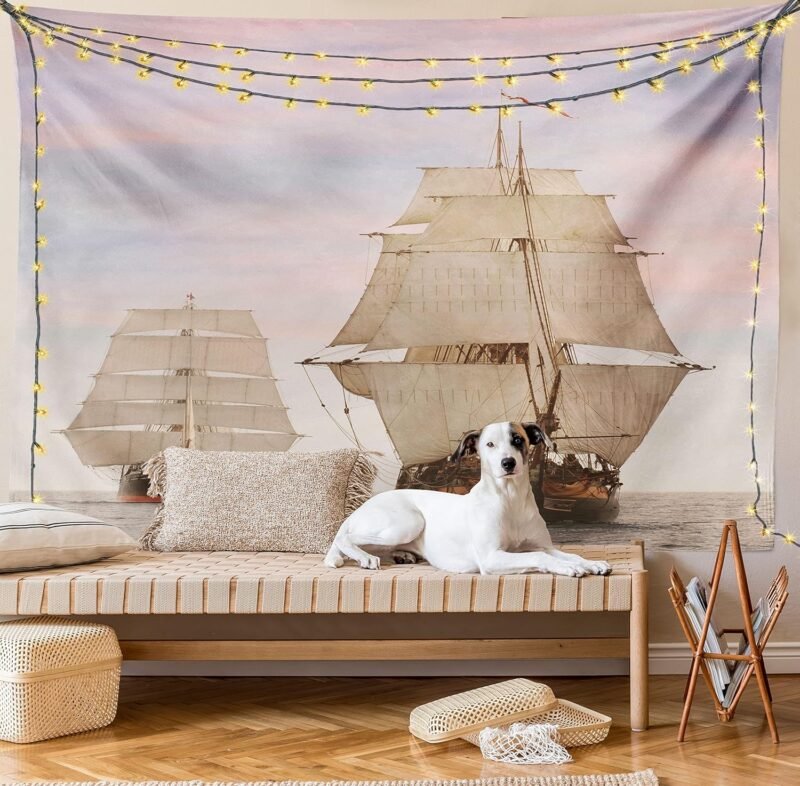 Ambesonne Ocean Tapestry, Sailboat Gaff Top Sail Tall Wooden Sailing Ships Waves Print Photo, Wide Wall Hanging for Bedroom Living Room Dorm, 60" X 40", Cream and Blue Grey - Image 8