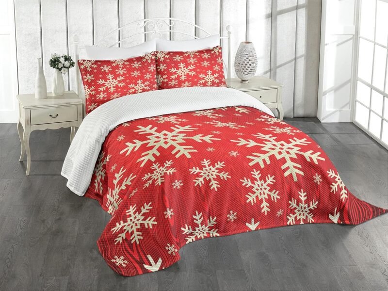 Lunarable Snowflake Bedspread, Christmas Winter Illustration Abstract Wooden Pattern Background, Decorative Quilted 3 Piece Coverlet Set with 2 Pillow Shams, Queen Size, Vermilion Cream