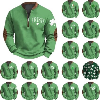 Mens St. Patrick's Day Quarter Zip Sweatshirt Long Sleeve Shirt Retro Shamrock Lucky Print Pullover Tops Sweater