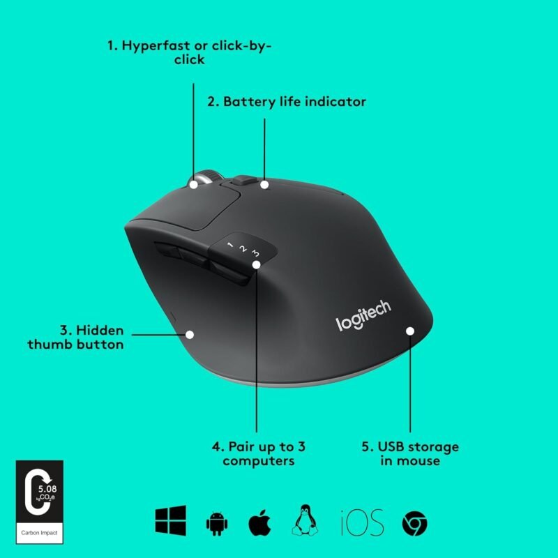 Logitech M720 Triathlon Multi-Device Wireless Mouse, Bluetooth, USB Unifying Receiver, 1000 DPI, 6 Programmable Buttons, 2-Year Battery, Compatible with Laptop, PC, Mac, iPadOS - Black - Image 6