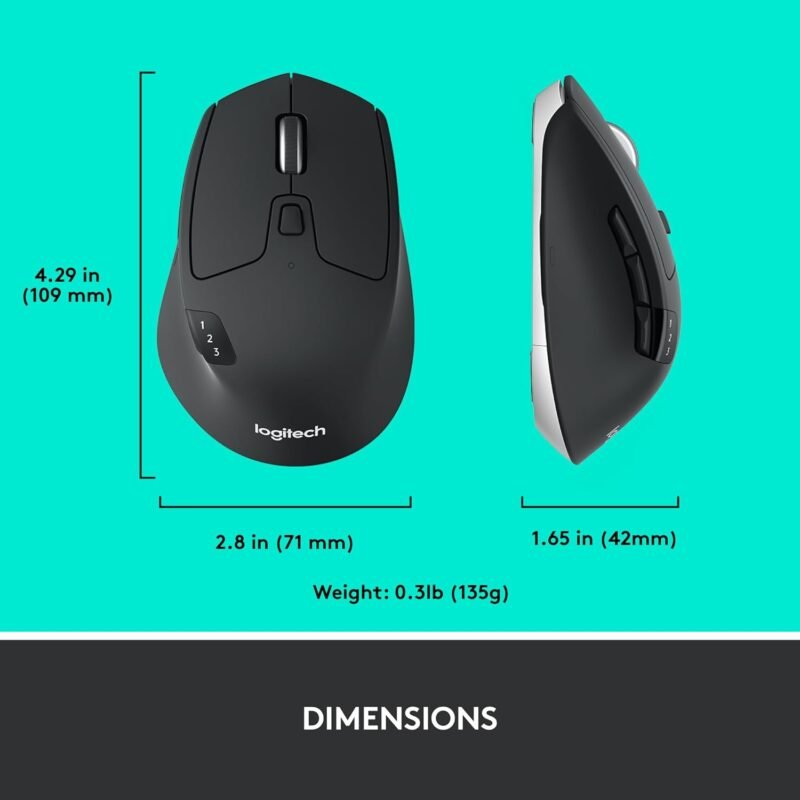 Logitech M720 Triathlon Multi-Device Wireless Mouse, Bluetooth, USB Unifying Receiver, 1000 DPI, 6 Programmable Buttons, 2-Year Battery, Compatible with Laptop, PC, Mac, iPadOS - Black - Image 9