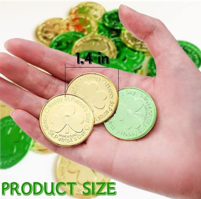 DINESIL St. Patrick's Day Gold Coins, 120 Pieces Gold Green Lucky Coins Plastic Shamrock Leprechaun Coins, 3-Leaf Clover Coin Table Scatter Decoration for St. Patrick's Day Party Favors - Image 3
