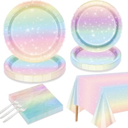 Pastel Rainbow Party Supplies for 20 Guests - Disposable Tableware Set Includes Pastel Paper Plates, Napkins, Forks, Tablecloth for Girls Birthday Party, Baby Shower
