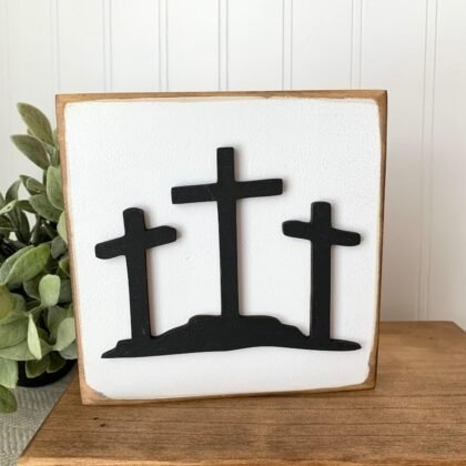 2025 Empty Tomb Easter Tiered Tray Decor, 7Pcs Easter Resurrection Scene Cross Decor Set, He is not here Sculpture Wooden Jesus Sign Spring Tray Bundle Kit for Home Easter Day Farmhouse Decoration
