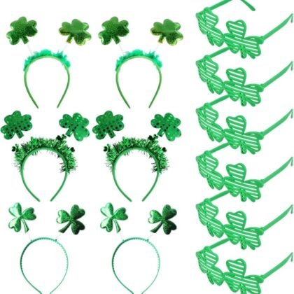12 Pcs St. Patrick's Day Accessories with 6 Pcs St. Patricks Shamrock Headbands and 6 Pcs Shamrock Clover Glasses for St. Patrick's Day Party Favors Decorations, Costume Accessory Festival Event