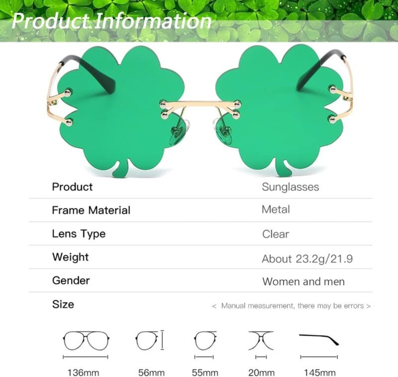 St. Patrick’s Day Irish Shamrock Sunglasses Green Four Leaf Clover Glasses Lucky Leprechaun Costume Accessories - Image 3