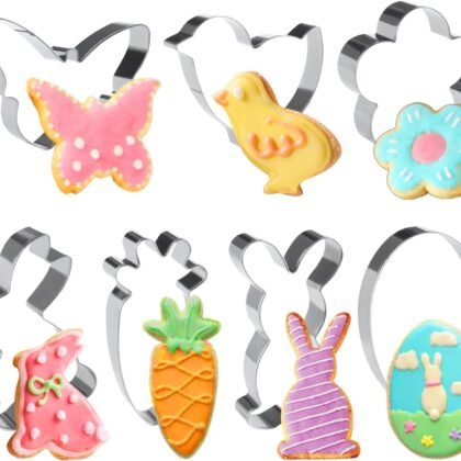 DERAYEE Easter Cookie Cutters, 7 Pcs Stainless Steel Cutters Set, Bunny Egg Chick Carrot Flower Butterfly Shapes Cutters for Baking, Easter Party Supplies