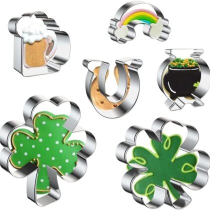 6 PCS St. Patrick's Day Cookie Cutters for Baking, Irish Shamrock Cookie Cutters Stainless Steel Holiday Cake Biscuit Cutters Molds Sets for Saint Patrick Day DIY Baking