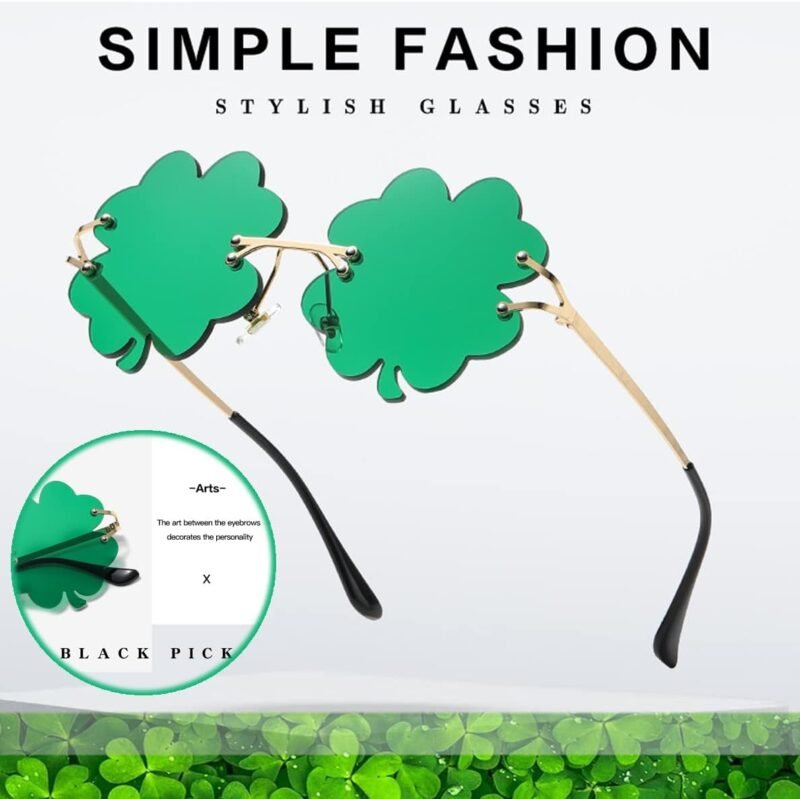 St. Patrick’s Day Irish Shamrock Sunglasses Green Four Leaf Clover Glasses Lucky Leprechaun Costume Accessories - Image 2