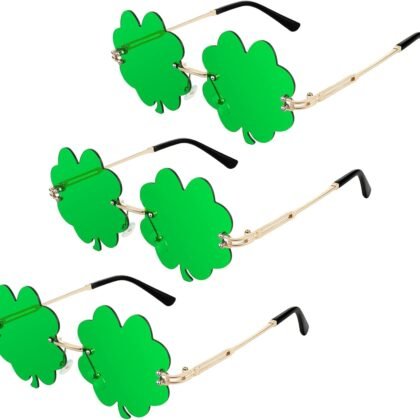 3 Pairs St. Patrick's Day Glasses Irish Shamrock Sunglasses Rimless Leprechaun Costume Glasses Green Four Leaf Clover Glasses for Women Men Disco Rave Party Gift Accessories