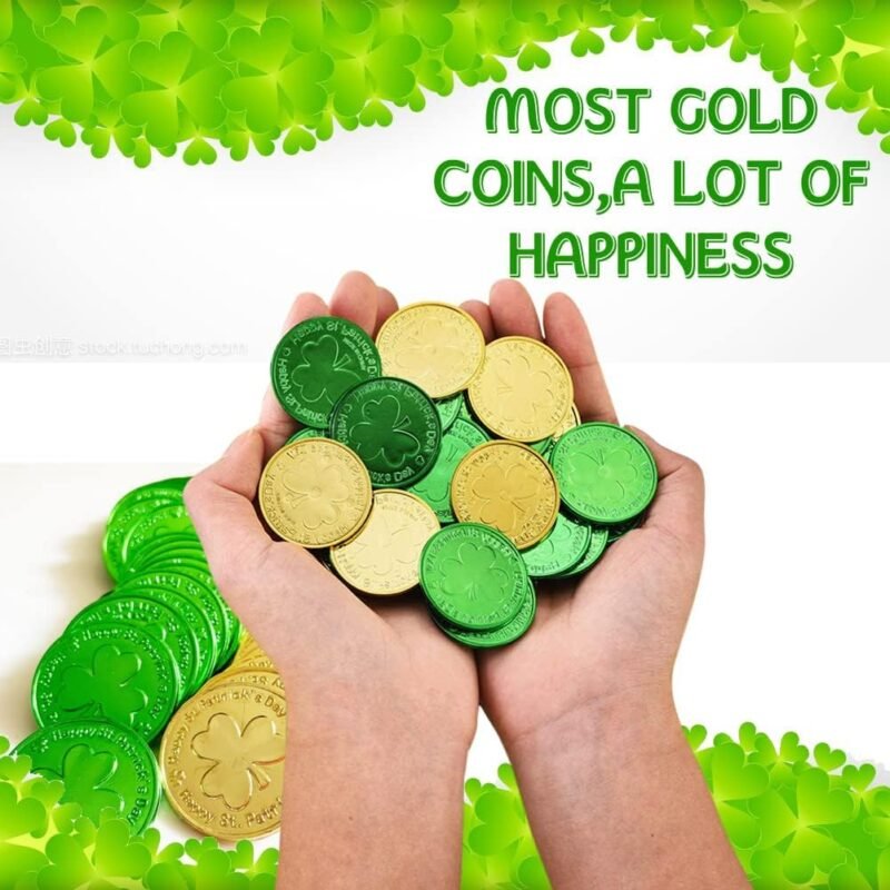 DINESIL St. Patrick's Day Gold Coins, 120 Pieces Gold Green Lucky Coins Plastic Shamrock Leprechaun Coins, 3-Leaf Clover Coin Table Scatter Decoration for St. Patrick's Day Party Favors - Image 4