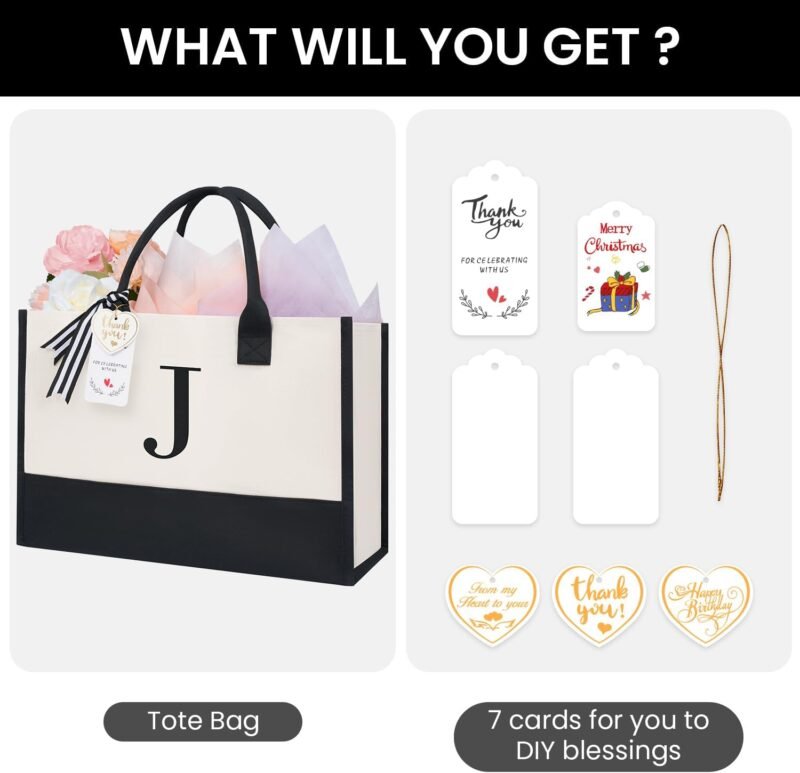 BAGAIL Initial Canvas Tote Bag, Personalized Birthday Gifts for Women, Beach Bag for Teacher, Friends, Mom, Wedding - Image 2