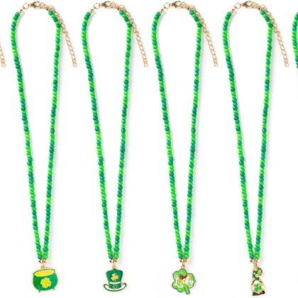 Pack of 6 St. Patrick's Day Green Beaded Necklaces with Clover, Beer Mug Charms, Irish Beaded Necklaces, Shamrock Party Favors