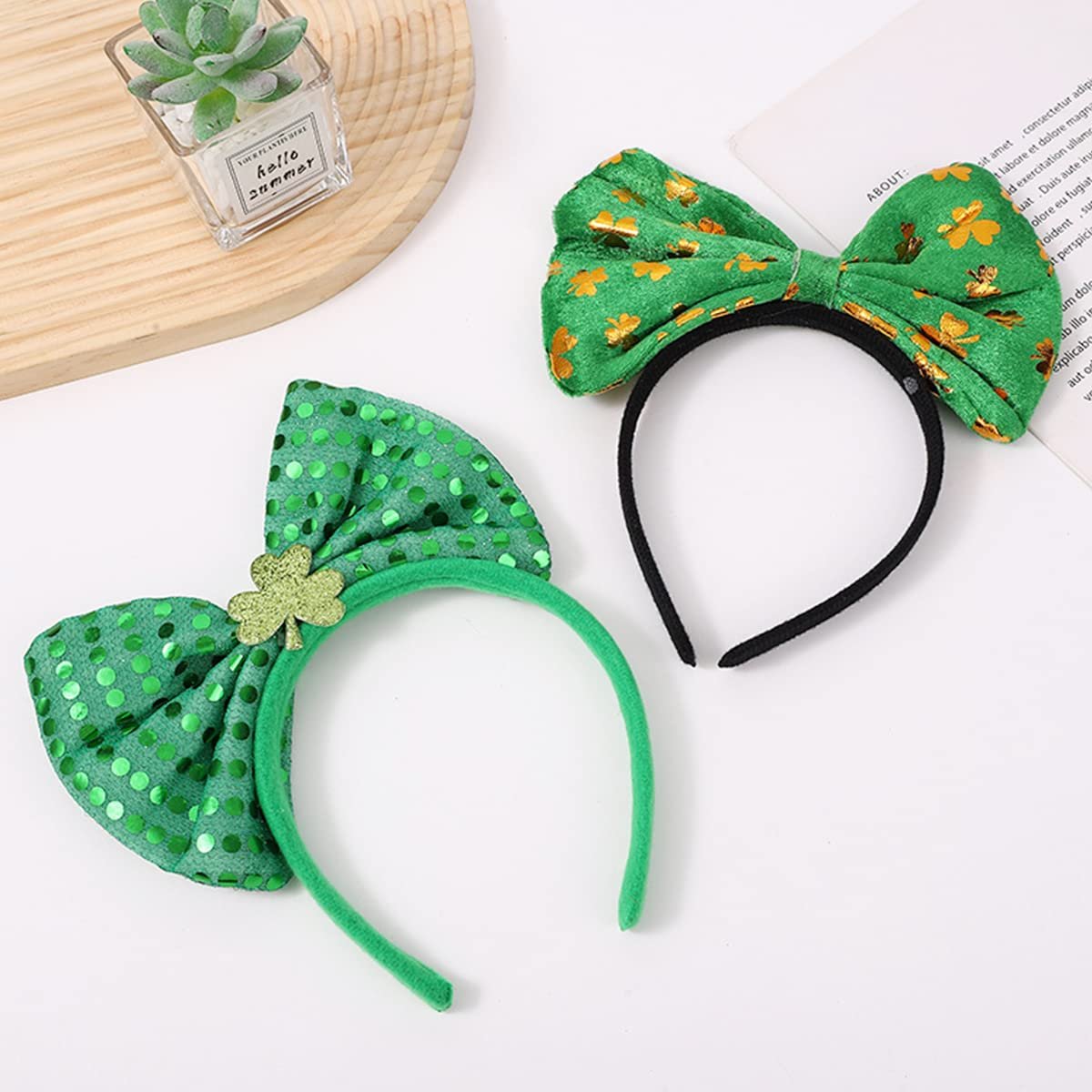 St. Patrick's Day Headband Green Sequins Bowknot Headbands Patrick's Day Hair Hoops Shamrock Clover Headband Leprechaun Hat Headpieces Festival Costume Accessories for Women and Girls - Image 5