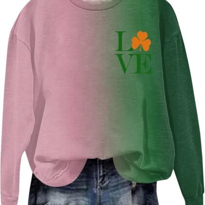 Womens Pink and Green Sweatshirt Long Sleeve Shamrock Crewneck Shirt 2025 St Patricks Day Trendy Tops Irish Outfits