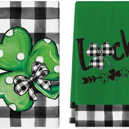 Artoid Mode Buffalo Plaid Dots Shamrocks Lucky St.Patrick's Day Kitchen Towels Dish Towels, 18x26 Inch Seasonal Spring Decoration Hand Towels Set of 2