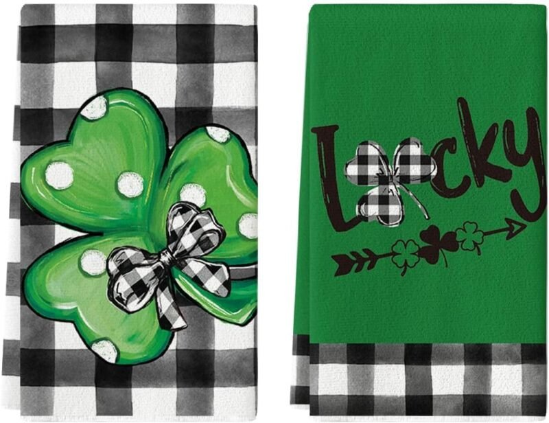Artoid Mode Buffalo Plaid Dots Shamrocks Lucky St.Patrick's Day Kitchen Towels Dish Towels, 18x26 Inch Seasonal Spring Decoration Hand Towels Set of 2