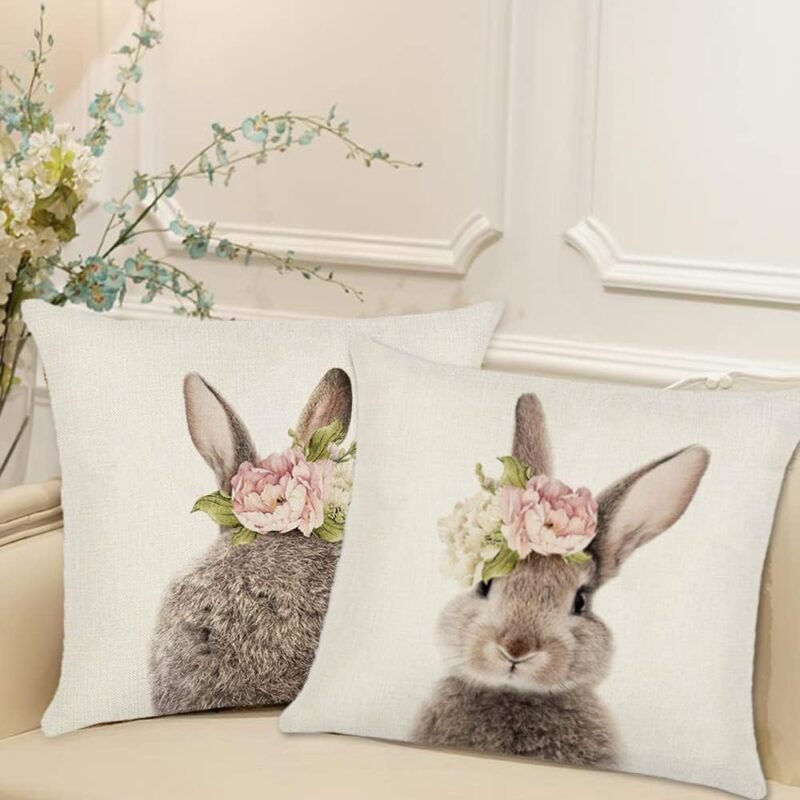 Easter Bunny Throw Pillow Cover 18 x 18 Set of 2 Cute Rabbits Bunny Pillows Floral Easter Decor Linen Throw Pillow Case Cushion Cover Decorations for Home Sofa Bed