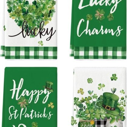 Artoid Mode Buffalo Plaid Shamrock St. Patrick's Day Kitchen Towels Dish Towels, 18x26 Inch Farmhouse Spring Decoration Hand Towels Set of 4
