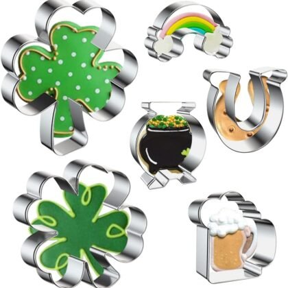 St. Patrick's Day Cookie Cutter, 6 Pcs Cookie Cutters Mold Set Shamrock, Four Leaf Clover, Leprechaun Coin, Beer, Rainbow, and Horseshoe Stainless Steel Biscuit Cutters for Party Supplies Decorations