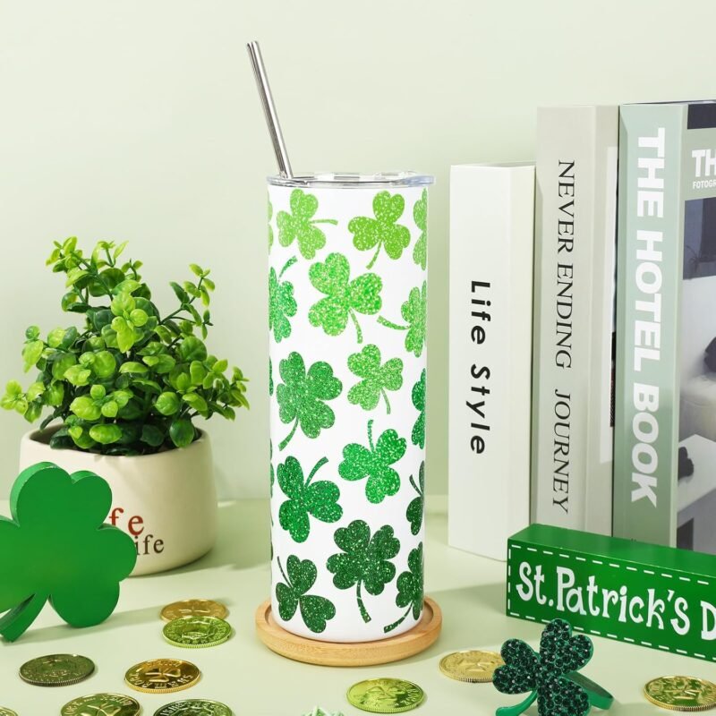 Whaline St. Patrick's Day Tumbler with Lid and Straw Green Shamrock Stainless Steel Cup Lucky Clover Tumbler Cup for Irish Party Decor Home Office Supplies - Image 3