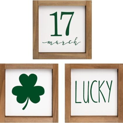 pechpell St Patricks Day Decorations for Home, 6x6 In Wooden Shamrock Lucky March 17th Sign, Irish Saint Patricks Wall Table Mantel Tiered Tray Office Decor