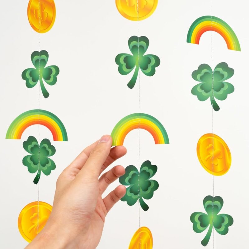 Cheerland St Patrick’s Day Garland Green Gold Clover Rainbow Gold Coin Shamrock Charm Backdrop Decoration fFor St Patricks Day Theme Birthday Irish Party Supplies - Pack of 4 - Image 3