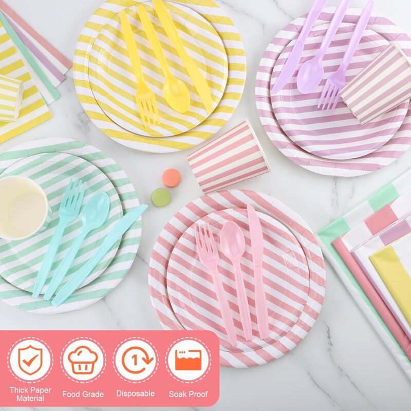 172pcs Pastel Plates and Napkins, 24 Guests Ice Cream Plates Napkins Set Striped Pastel Party Supplies Pastel Striped Party Decorations Macaron Color Tableware for Summer Birthday Tea Party - Image 3