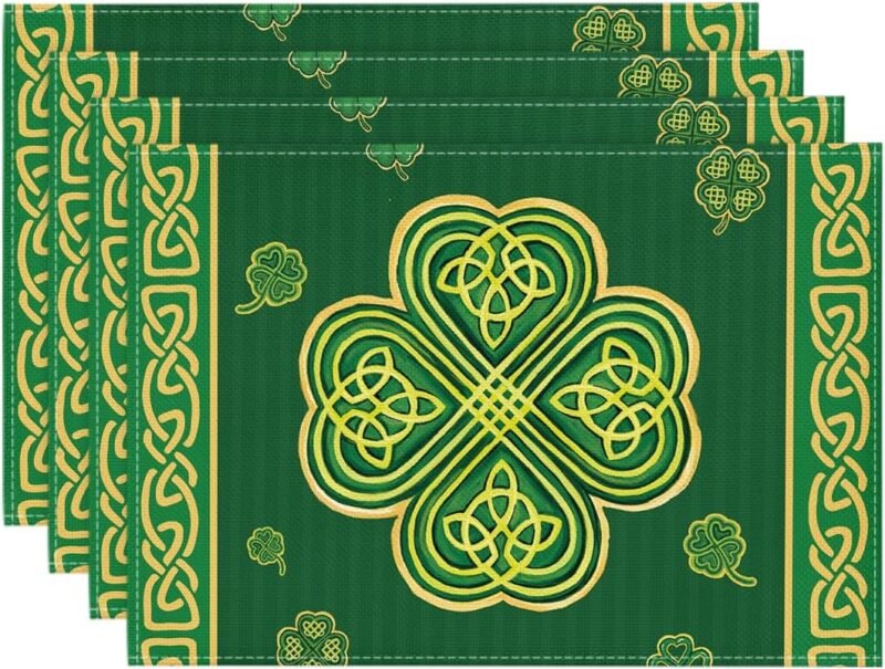 Artoid Mode Green Stripes Shamrocks St. Patrick's Day Placemats Set of 4, 12x18 Inch Luck Spring Table Mats for Party Kitchen Dining Decoration