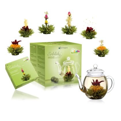 Creano Blooming Tea Gift Set with Glass Teapot 17oz (500ml) - Green Tea Fruity Flavoured Tea Flowers in 6 Varieties - Flowering Tea Gift for Easter