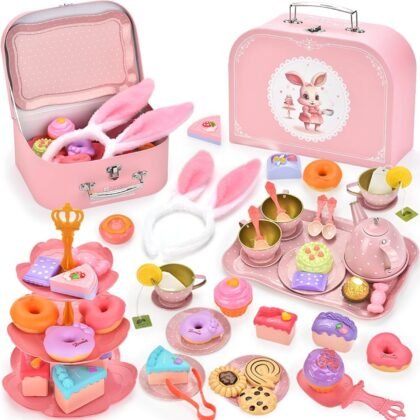 Bunny Tea Party Set for Little Girls, Pretend Tin Teapot Set, Princess Tea Time Play Kitchen Toy with Cups, Plates and Carrying Case for Birthday Easter Gifts Kids Toddlers Age 3 4 5 6