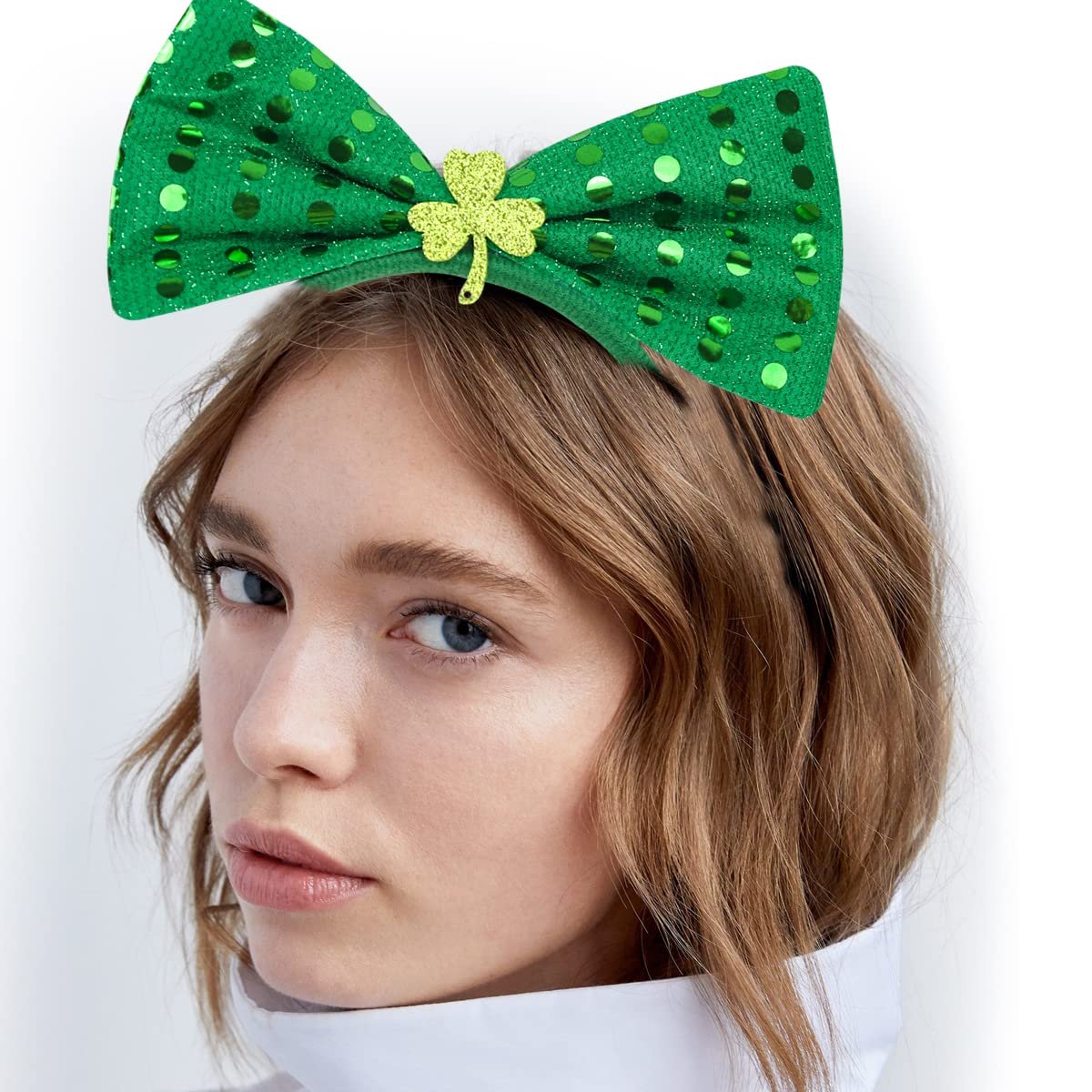 St. Patrick's Day Headband Green Sequins Bowknot Headbands Patrick's Day Hair Hoops Shamrock Clover Headband Leprechaun Hat Headpieces Festival Costume Accessories for Women and Girls - Image 7