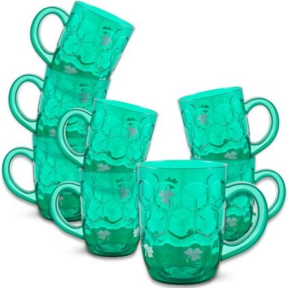 Venanoci St. Patrick's Day Beer Mug 8 Pack Set ~ Green Plastic Beer Mugs with Handle for Saint Pattys Day Celebration, Party Supplies, and Decor | Acrylic Beer Drinking Cups 16 oz